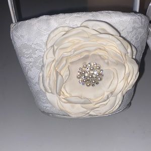 White Lace Wedding Flower Girl Basket Cream Ivory Flower Pearls Rhinestones